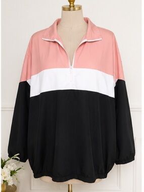 Colorblock Half-Zip Windbreaker Jacket - Pink/White/Black